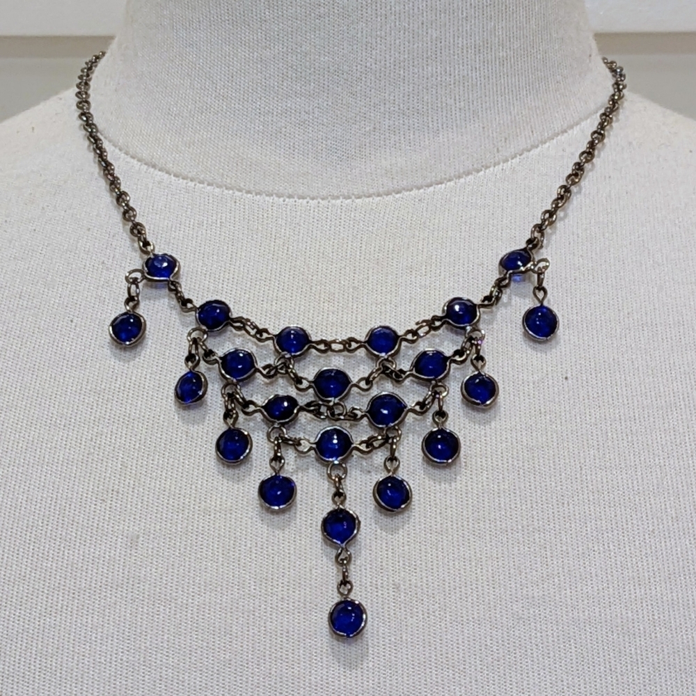 NWT Beckwoman 18" Sapphire Blue Gemstone Oxidized Silvertone Drop Necklace